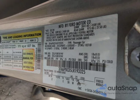 2020 Ford Fusion Sel z USA, uszkodzony, nr VIN 3FA6P0CD5LR193325